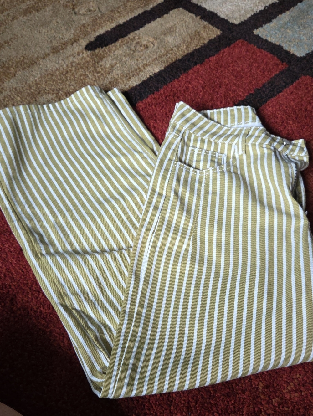 SHEIN Olive Green and White Striped Boot Cut Jeans